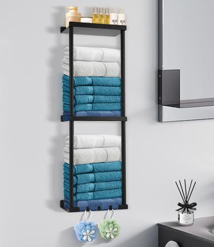 FAOKZE Porte Serviette Mural,Porte Serviette Salle,Pratique Support Serviette Salle De Bain,Support Serviette Salle de Bain&Cuisine,avec 3 Crochets,pour Cuisine, Salle de Bains, Hôtel (Noir)