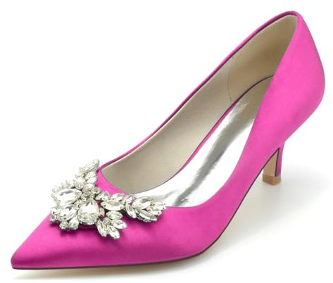 FQMAYPO Womens Satin Bridal Stiletto Heel Closed Pointed Toe Pumps Slip on Rhinestone Wedding Party Shoes Dress Shoes