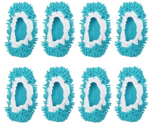 QUARKZMAN Paquete de 8 Zapatillas de Felpa Lavables Calcetines En Azul | para Limpiar el Suelo con Microfibra, Cubiertas de Zapatos de Mopa, para los Pies, Herramientas para Limpiar la Casa