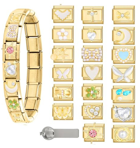 ITingstere Italian Charms Bracelet Sets with 1Pcs Gold Brascelet,20Pcs Charms and Opening Tools,9mm Italian Modular Charm Bracelet Link Handmade