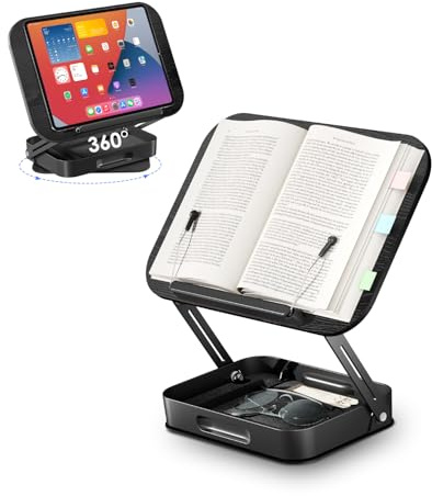 Viozon Buchständer, Drehbarer Buchhalter mit Höhenverstellung, klappbarem Metallfuß, integriertem Stehsammler Holz, ideal als Leseständer für Schreibtischzubehör, Notenständer, Tablet/Laptop, Schwarz