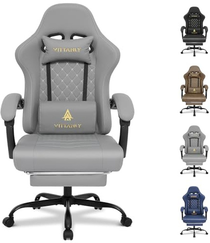 Vittanly Spelstol med fjäderkudde, ergonomisk spelstol med nackstöd, ländryggskudde och fotstöd, höjdjusterbar svängbar stol, kontorsstol 150