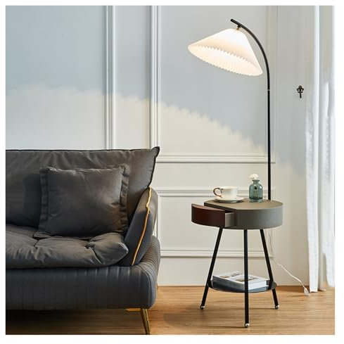 CJHFR472SG Moderne Lampadaire avec table, table d'appoint avec station de charge et ports USB, table de chevet avec tiroir for salon, chambre à coucher, appartement Decoration(Grigio)
