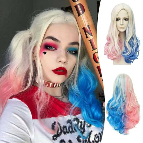 Perücke für Harley Quinn,Lang Cosplay Perücke,Quinn Cosplay,Bösewicht perücke,Perücken Superhelden Damen Kostüm,Blond Blau Rosa für Karneval Halloween Fasching Kostüme Party