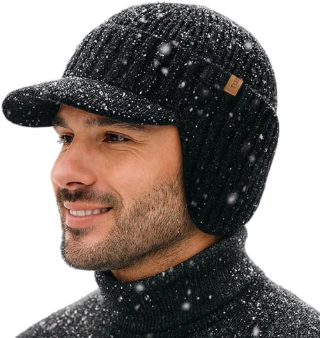 TOP-EX DryKnit - Berretto da uomo con visiera in 80% lana merino, impermeabile, con paraorecchie e fodera in pile, con visiera termica invernale da golf, per la stagione fredda, M-XXL, Nero , M/L