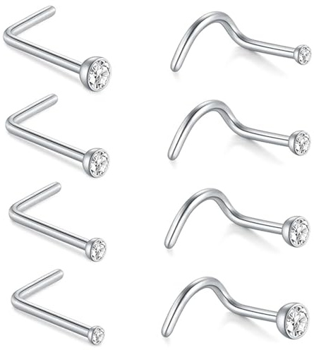 QZKJQDD 8PCS Stainless Steel Nose Studs, Nose Piercing, Silver Nose Studs, Corkscrew Nose Piercing Jewellery and L Shaped Stainless Steel Diamond Small Nose Rings for Women and Men