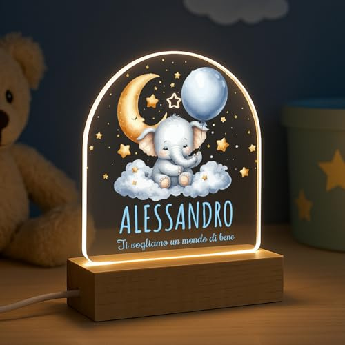 PV Grafik® Lampada Personalizzata Regalo Natale Bambino, Lampada battesimo Bimbo, Luce Notturna Elefantino, Regalo Battesimo Bambino, Regalo Personalizzato Neonato, Lampada con Nome.(S3)