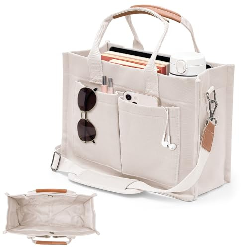 Tobriavor Bolso Tela Mujer, Bolso de Lona Tote Bag, Múltiples Bolsillos con Correa Ajustable