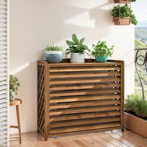 SeraphicCharm Verkleidung Klimaanlage Außengerät Holz Klimaanlage Abdeckung Außengerät Sichtschutzzaun Holz Blumenregal Balkon Wetterfest Schutzgitter Für Klimaanlagen Und Wärmepumpen(100x44x93cm)
