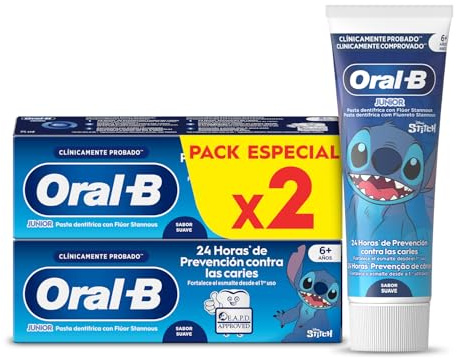 Oral-B Pro Junior Disney Stitch Pasta de Dientes para Niños, Pack 2x75 ml | Dentífrico para Niños de 6 a 12 Años, Elimina La Placa y Previene Las Caries, Sabor a Menta Suave