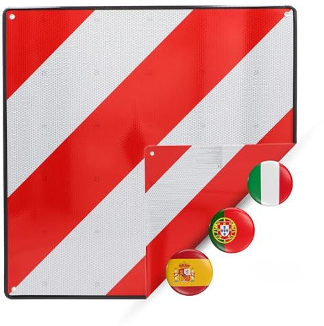 cartrend Warntafel für Italien und Spanien aus Aluminium, reflektierendes Warnschild für überhängende Lasten, Heckträger, Fahrradträger, 50 x 50 cm, mit Aufhängeösen, StVZO konform, rot/weiß