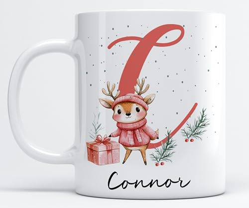 EKAM Personalised Christmas Letter Coffee Mug with Custom Name, Santa Claus and Snowman Design Cup, Personalised Christmas Mug 11oz, Customised Initial Letter Cup