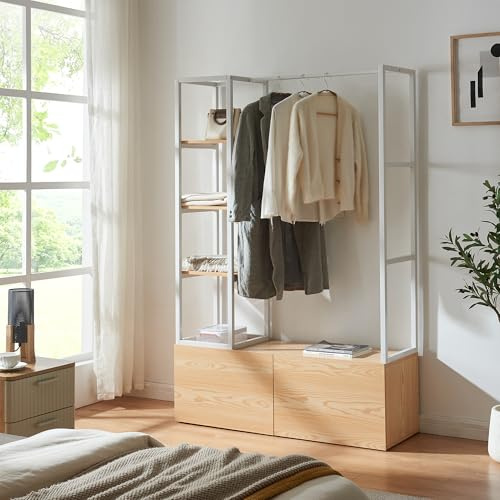 [en.casa] Kleiderständer Egmating mit Kleiderstange Garderobenständer MDF offener Kleiderschrank mit 4 Fächern und 2 Schubladen 180 x 120 x 40 cm Eicheoptik/Weiß