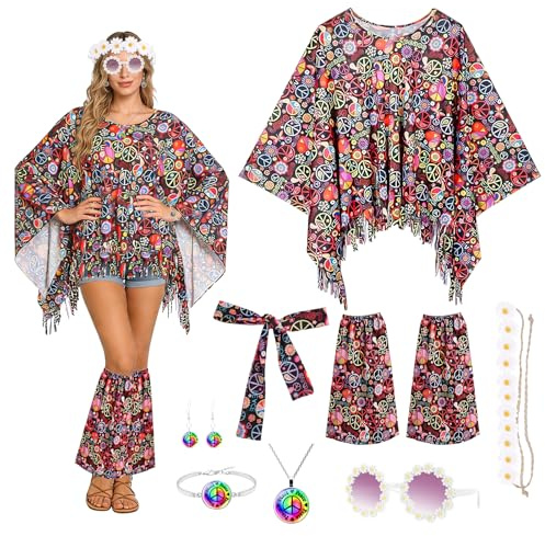 Kuvarix Hippiekostym Dam, 8-delars 60- och 70-tals Outfit för Damer med Poncho, Halsband, Örhängen, Hårband och Solglasögon – Flower Power-kläder för Karneval, Maskerad, Disco och Fest