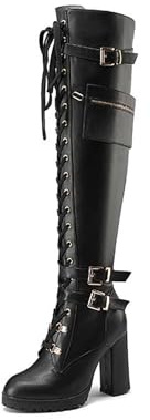 AORUIDA Damskor Stövlar Chunky Block Plattform Högklackade Stövlar Vinter Retro PU Läder Biker Militär Goth Punk Overknee Stretchstövlar,Black,35 EU