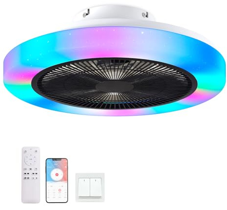 RRBEST Ventilatore da Soffitto con Luce RGB, 50cm Lampadario Ventilatore Silenzioso LED Dimmerabile, Telecomando e APP, 6 Velocità, Timer, RGB Plafoniera Ventilatori per Camera da Letto Soggiorno
