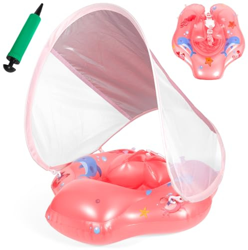 PQETBV Uppblåsbar Babyring för 3-36 Månader, Babyring med Parasoll och Säkerhetssäte, Babysimring, UV-skydd UPF 50+, Lämplig för Bebisar 5-15 KG (Rosa)