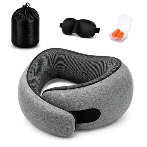 Wagxoey Nackenkissen aus Memory Foam, Ergonomisches Reisekissen | 360°-Stütze für Flugzeug, Auto, Zug und Büro, inkl. Schlafmaske, Ohrstöpseln und Aufbewahrungstasche, Dunkelgrau