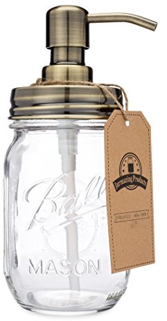 Jarmazing Products Classic Farmhouse Mason Jar Soap Dispenser - Brass - With 16 Ounce Ball Mason Jar