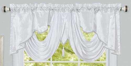 GOHD Valarie Fancy Window Valance. 54 x 18. Taffeta Fabric with Soft Satin Swag. Add Some Royal luxruy Accent to Your Home. (White)