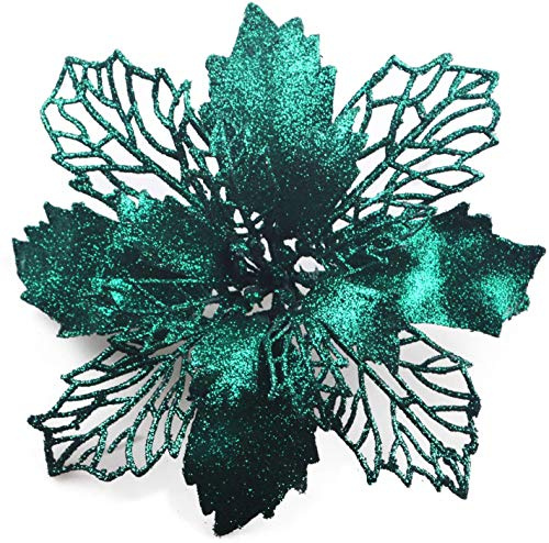 GL-Turelifes - Paquete de 12 flores de Pascua artificiales con purpurina para árbol de Navidad, corona de Navidad, adornos, flores de 16 cm de diámetro, 12 cuerdas suaves de color verde