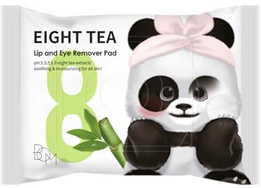 BOM COSMETICS Eight Tea Lip and Eye Remover Pad 30ea 1.94 oz. Double Sided Pad for Exfoliation Care & Hydration, Waterproof Lip & Eye Makeup Remover Wipes, Korean Face Wash, Travel Size