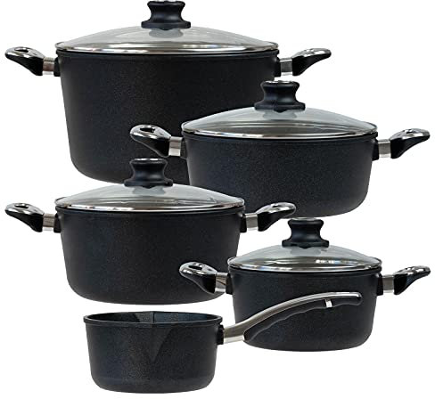 BAF beschichtetes Aluguss Topfset 9-teilig Bratentopf 20 cm + 24 cm, Kochtopf 24 cm, Gemüsetopf 28 cm & Stieltopf 18 cm-versiegelter Aluminiumguss