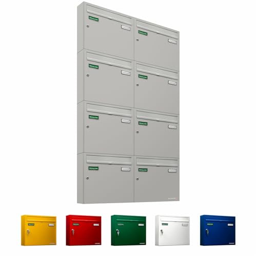 AL Briefkastensysteme Basic 8er Briefkasten RAL 9006 Weiß Aluminium Silber Edelstahl-farbig 8 Fach DIN A4 wetterfest Briefkastenanlage mit Posthaltebügel und 2 Namensschildern