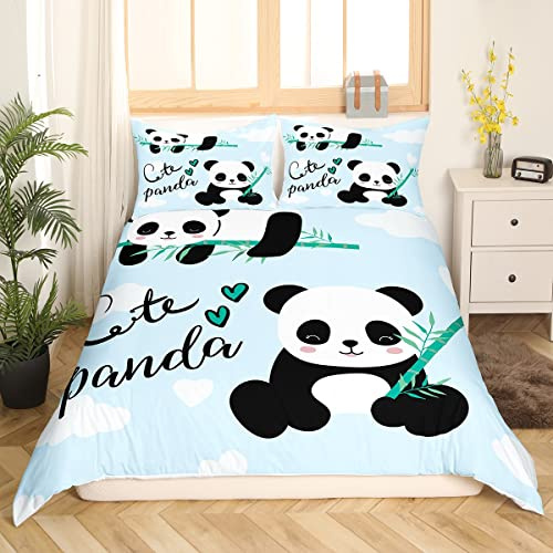 Loussiesd Niedliches Panda-Bettwäsche-Set, Karikatur Panda Bettwäsche Kinder 135x200 cm Mädchen Jungen Tiermotiv Bettbezug Kawaii Tier Bambus Blau, 1 Bettbezug Mit 1 Kissenbezug 80x80cm
