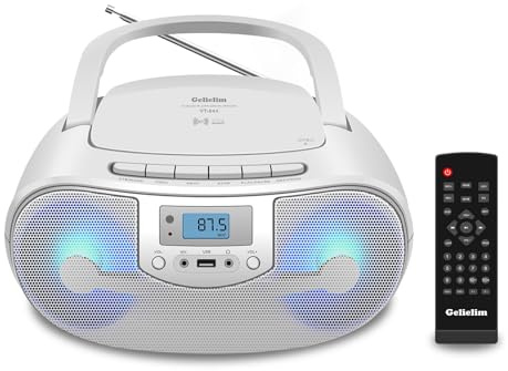 Portable Stereo CD Player Boombox, FM Radio with Bluetooth, Remote Control,CD Players for Home with Headphone/Mic Jack, LED Light Support CD-R/RW/MP3, USB, AC/Battery Operated, White