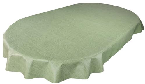 Karina Home Moss Green Linen Look Wipe Clean Tablecloth Vinyl PVC Table Cover Wipeable Table Cloth (Green, Oval 200cm x 140cm)
