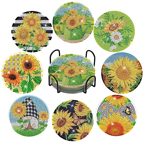8 Stück Diamond Painting Untersetzer mit Halter, Diamond Painting Erwachsene, Wiederverwendbare DIY Sonnenblume Tassenuntersetzer mit Diamanten und Montagewerkzeuge fur Tassen,Vasen, Kerzen Dekoratio