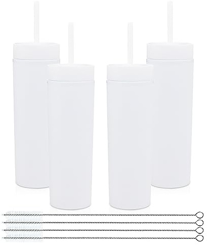 Volhoply 16oz Plastic Skinny Tumblers Bulk 4 Pack,Double Wall Tumbler with Lid and Straw,480ML Reusable Iced Coffee Mug,BPA Free Matte Acrylic Water Cups with Straw for Parties,DIY Gifts(White,4 Set