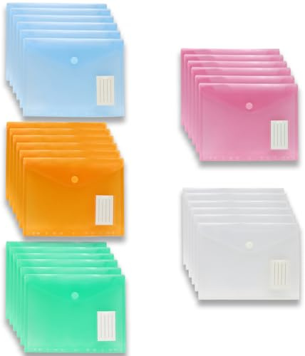 YUNSHANGHE Lot de 30 porte-documents A4 avec bord perforé, enveloppes transparentes colorées avec fermeture à scratch et poche pour étiquettes, porte-documents pour organiser les documents