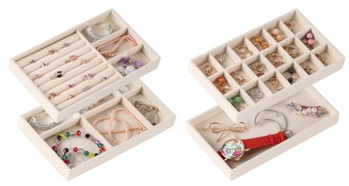 CDBOVID Set mit 4 stapelbaren Schmuck-Organizer-Tabletts für Schubladen, Schmuck-Schubladeneinsätze, Behälter, Vitrine, Aufbewahrung für Ohrringe, Halsketten, Ringe, Armbänder, Uhren mit