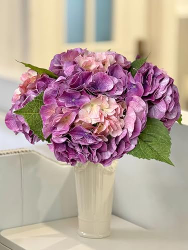 YalzoneMet Lot de 3 hortensias artificiels roses et violets au toucher réaliste, 53,3 cm de long, grande floraison, hortensia macrophylla pour mariage, fête prénatale, arrangement floral, printemps,