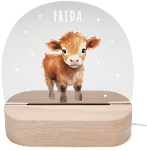 DEL MÀ Unique & Personal Personalisiertes Kuh Nachtlicht Kinder & Babys Babyzimmer Deko Kinderzimmer Nachtlampe Mädchen Jungen Kinderlampe Inkl. Holzfuß