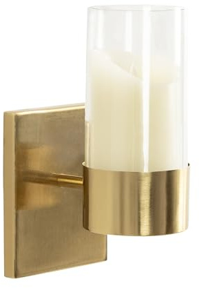 Kate and Laurel Zabler Modern Metal Wall Sconce; 5 x 6 x 10; Gold; Round Candle Holder with Removable Glass Cylinder for Flameless Candle Display in Bedroom or Bathroom