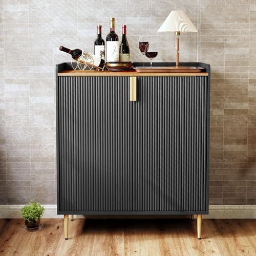 HOLTICO Drinks Cabinet, Wine Cabinet for 9 Bottles Bar Cabinet with Glass Holders Freestanding Wine Rack Sideboard Bar Table Buffet for Living & Dining Room, Black