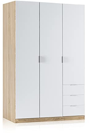 HOGAR24 ES - Armario Ropero para Dormitorio de 3 Puertas y 3 Cajones, Color Roble Canadian y Blanco Artik. Medidas: 121 cm (Ancho) x 180 cm (Alto) x 52 cm (Fondo)