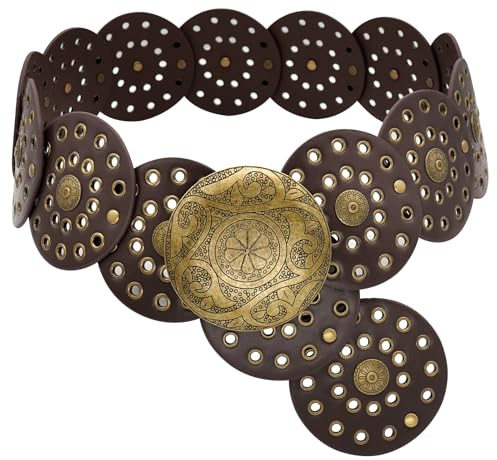 WULIQIUQIU Brett skärp för dam med stora conchos, bohemiskt läderskärp i vintage-westernstil för midjan, Kaffe, 101 cm