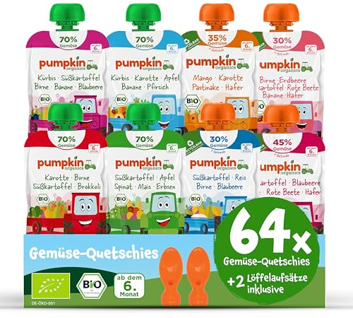 Pumpkin Organics 64er Pack ERSTE LIEBE Bio Gemüse-Quetschies mit 2 Löffelaufsätzen - Quetschie ohne Zuckerzusatz¹ - Beikost unterwegs - für Babys ab dem 6. Monat - Beliebteste Quetschies (64x100g)