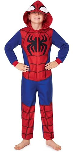 Marvel Spiderman Pijama Entero Niño, Acogedor Mono Pijama Polar, Todo en Uno Encapuchado Ropa de Dormir, Regalos para Niños (7-8 Años, Azul/Rojo)