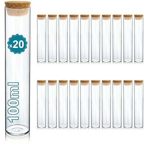 20 Reagenzgläser aus Glas 100 ml mit Korkverschluss – Transparente Gläser für Gewürze, Süßigkeiten, Labor und Deko | Hochzeit, Taufe | Espirito Rebelde