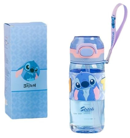FASHION YO Stitch Wasserflasche für Kinder, wiederverwendbar, 570 ml, PP mit zwei Deckeln, auslaufsicher, mit Strohhalm-Deckel, BPA-frei, Trinkflasche (Stitch Two Trinköffnungen)