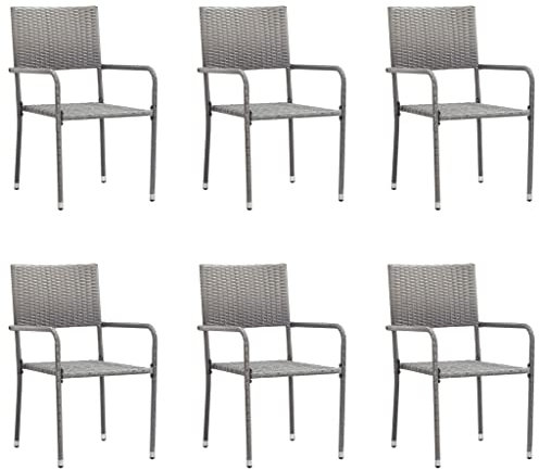 vidaXL Garten Essstühle 6 STK., Essstuhl Stapelbar mit Stahlrahmen, Gartenstuhl Sessel für Garten Balkon Terrasse, Gartensessel Stuhl Stuhlset, Grau Poly Rattan