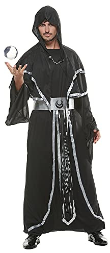 EraSpooky Mago oscuro da uomo veste da monaco medievale padrino mistico stregone costume con cappuccio mantello mantello cosplay di Halloween nero argento