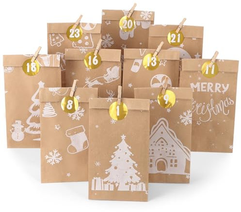 2025 Adventskalender zum Befüllen, 24 Adventskalender Tüten zum Basteln für Kinder und Erwachsene, Weihnachtskalender Selber Befüllen mit Zahlenaufkleber und Holzklemme, Motiv Cozy Winter Weiß
