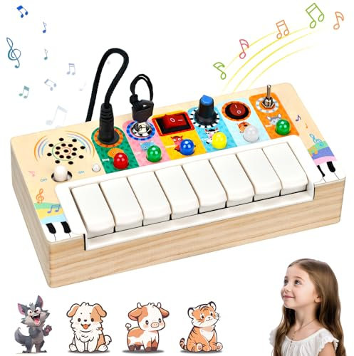 Juguetes Montessori 1 2 3 Años Teclado Musical Infantil con Tablero Montessori y Interruptor de Luz LED Tablero de Actividades Piano Infantil Juguetes Madera 1 Años Juguetes Educativos para Niños
