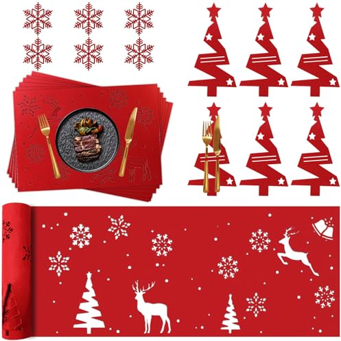 19 PCS Filz Platzset Weihnachten Tischdeko Rot Tischset Weihnachten Bestecktasche Filz Platzdeckchen Weihnachts Tischläufer 30x150 Weihnachtsdeko Tisch Weihnachts Besteckhalter Weihnachtsuntersetzer